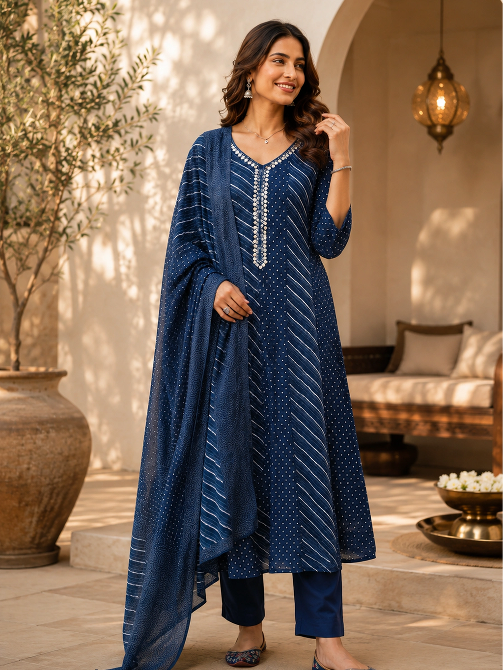 Premium Pickled Bluewood Mul Cotton Lehriya Dupatta Set With Inner
