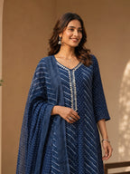Premium Pickled Bluewood Mul Cotton Lehriya Dupatta Set With Inner