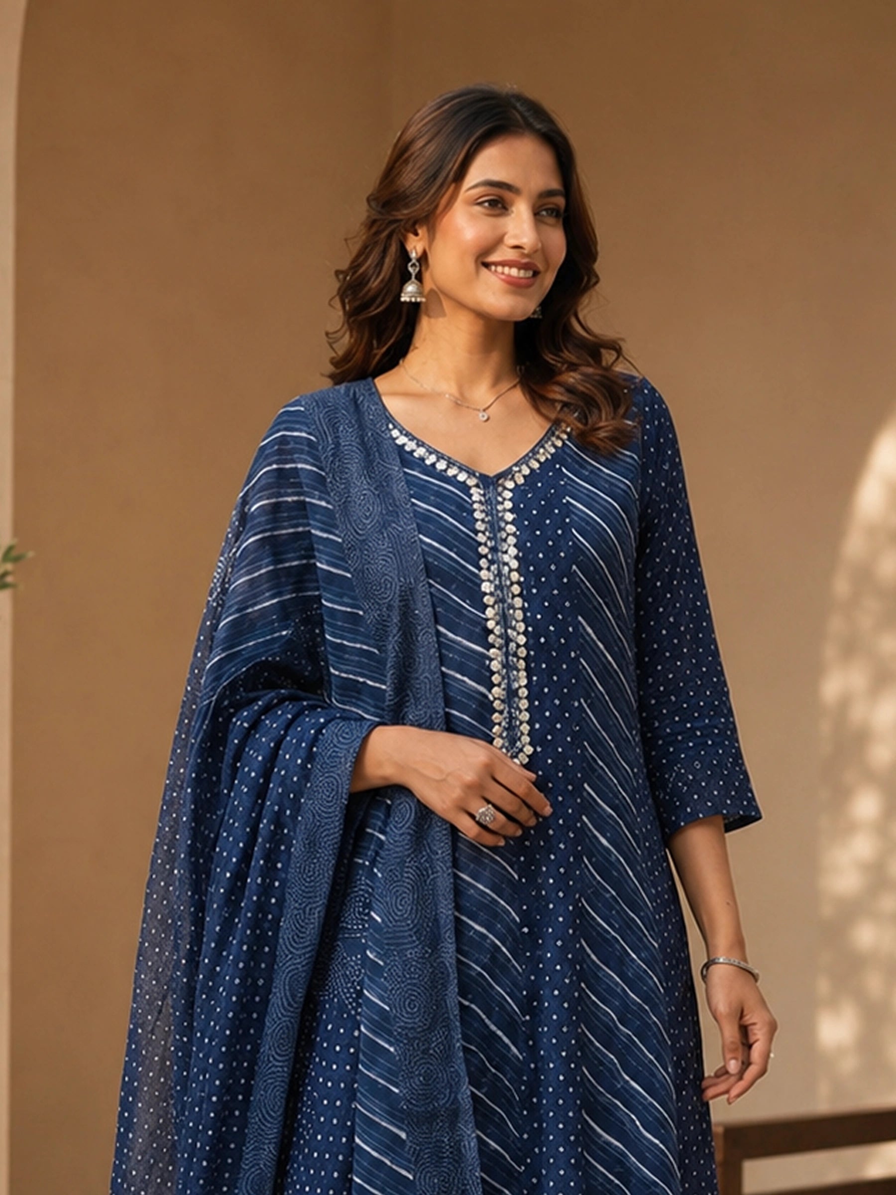 Premium Pickled Bluewood Mul Cotton Lehriya Dupatta Set With Inner