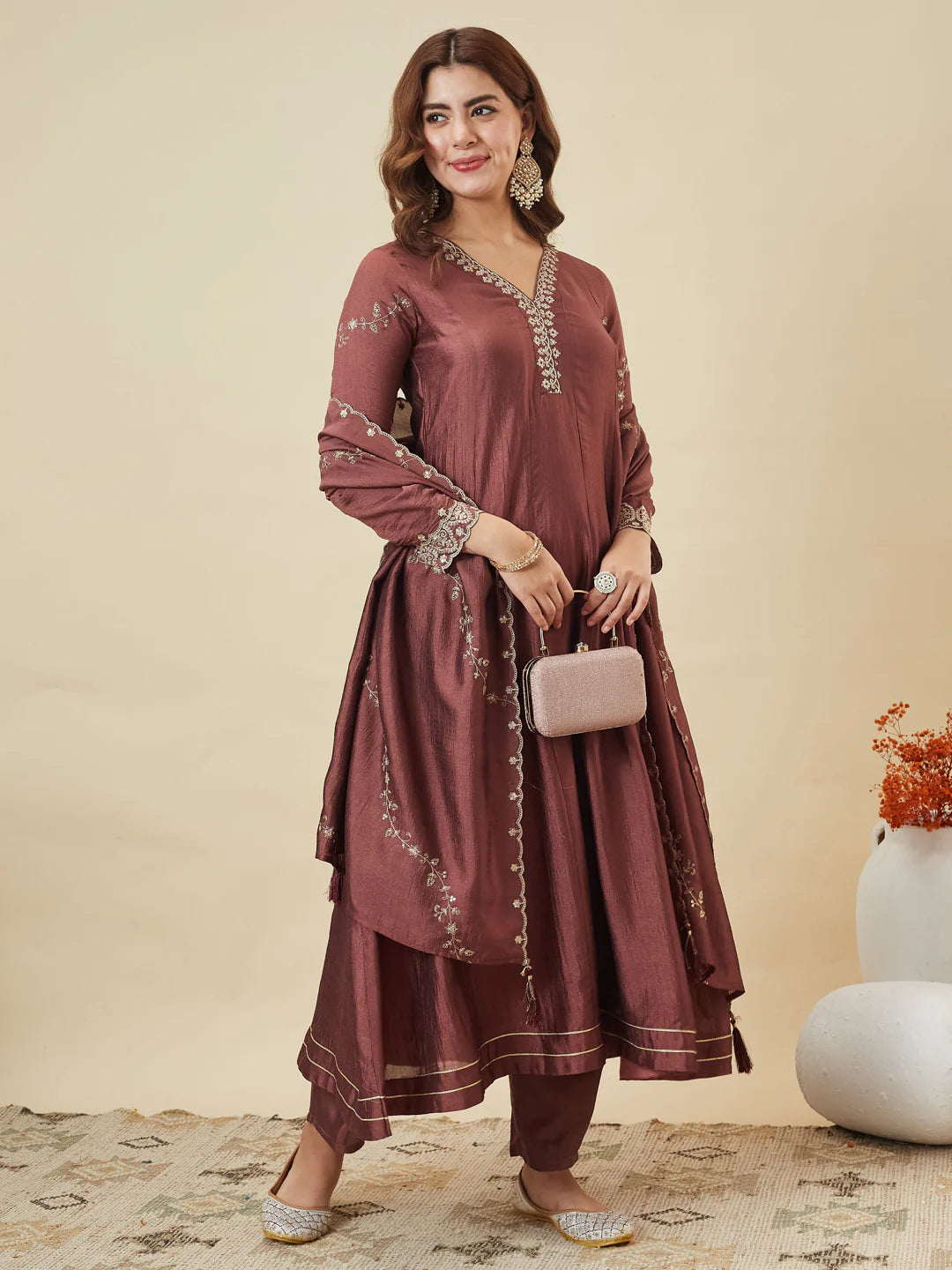 Coffee Embroidered Peplum Top with Sharara Set