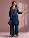 Navy Blue Silk Blend Embroidered and Mirrorworka Straight Kurta Set with Choker Net Dupatta