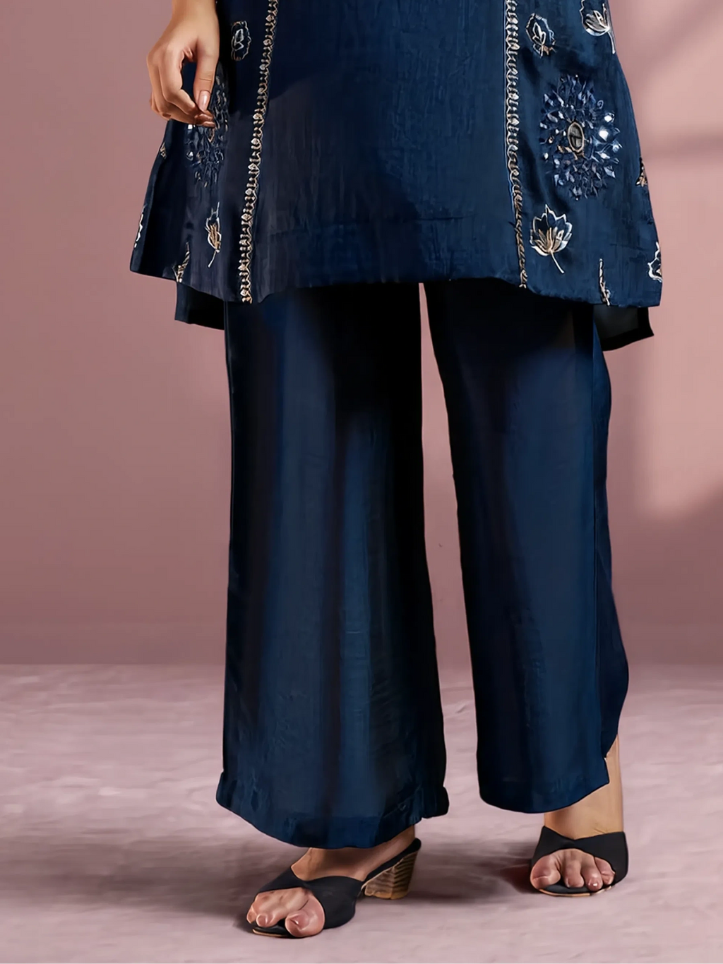 Navy Blue Silk Blend Embroidered and Mirrorworka Straight Kurta Set with Choker Net Dupatta