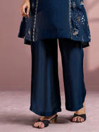 Navy Blue Silk Blend Embroidered and Mirrorworka Straight Kurta Set with Choker Net Dupatta