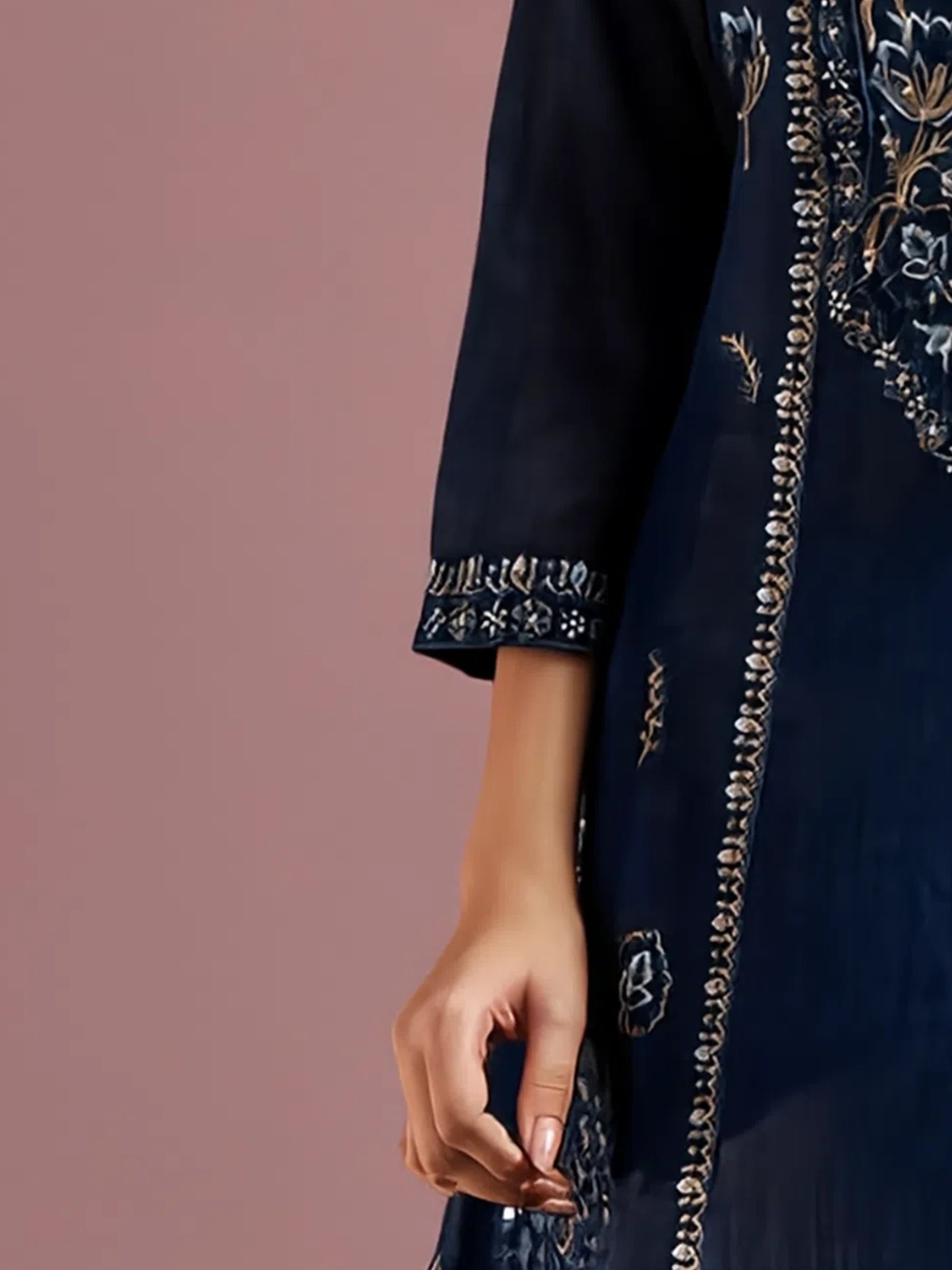 Navy Blue Silk Blend Embroidered and Mirrorworka Straight Kurta Set with Choker Net Dupatta