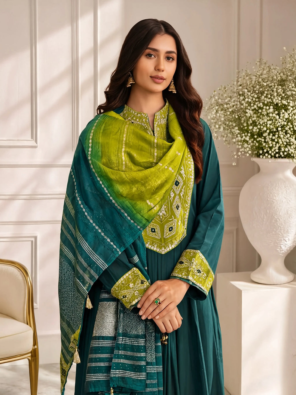 Dark Green Roman Silk Embroidered Flared Kurta Set Dupatta
