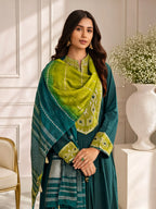 Dark Green Roman Silk Embroidered Flared Kurta Set Dupatta