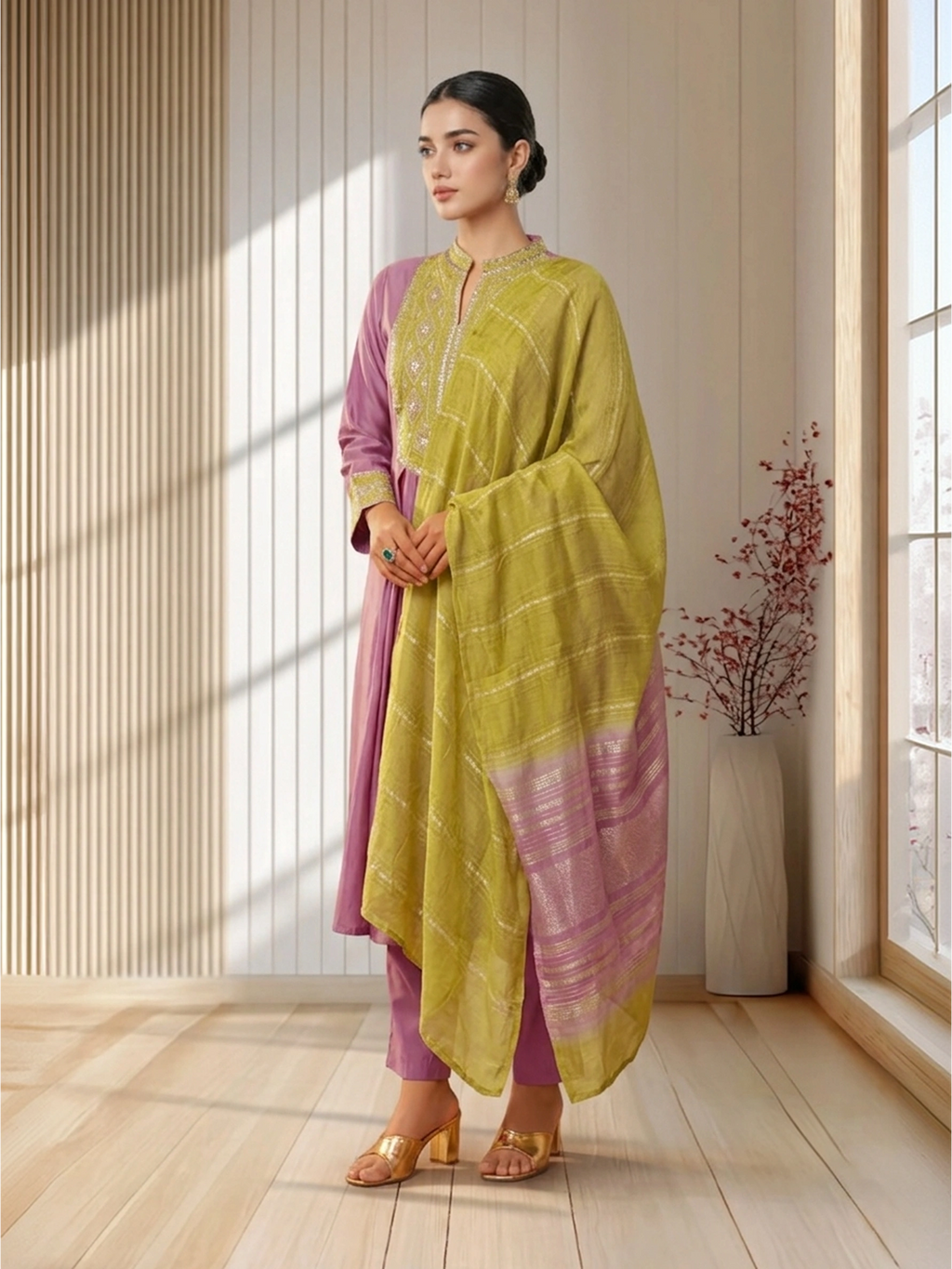 Light Pink Roman Silk Embroidered Flared Kurta Set Dupatta