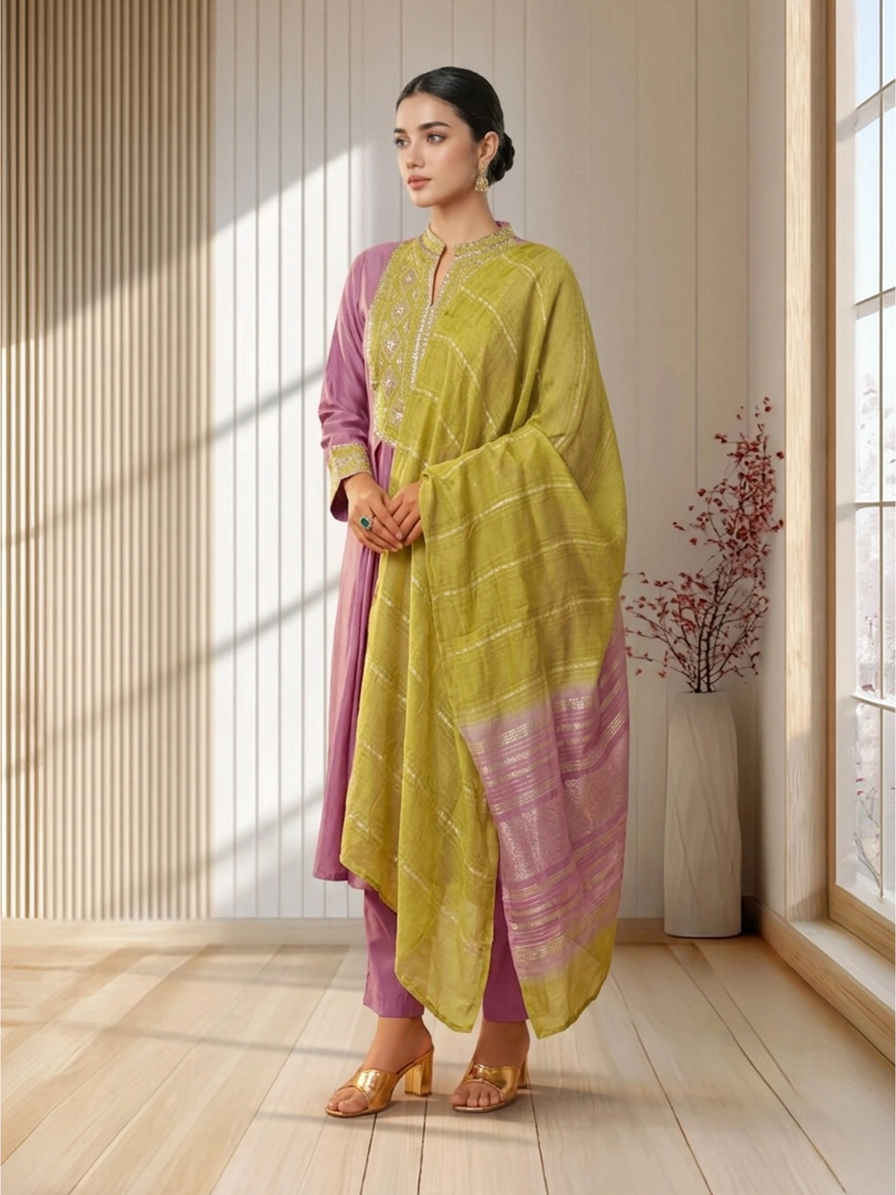 Light Pink Roman Silk Embroidered Flared Kurta Set Dupatta