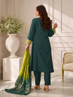 Dark Green Roman Silk Embroidered Flared Kurta Set Dupatta