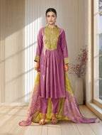 Light Pink Roman Silk Embroidered Flared Kurta Set Dupatta