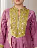 Light Pink Roman Silk Embroidered Flared Kurta Set Dupatta