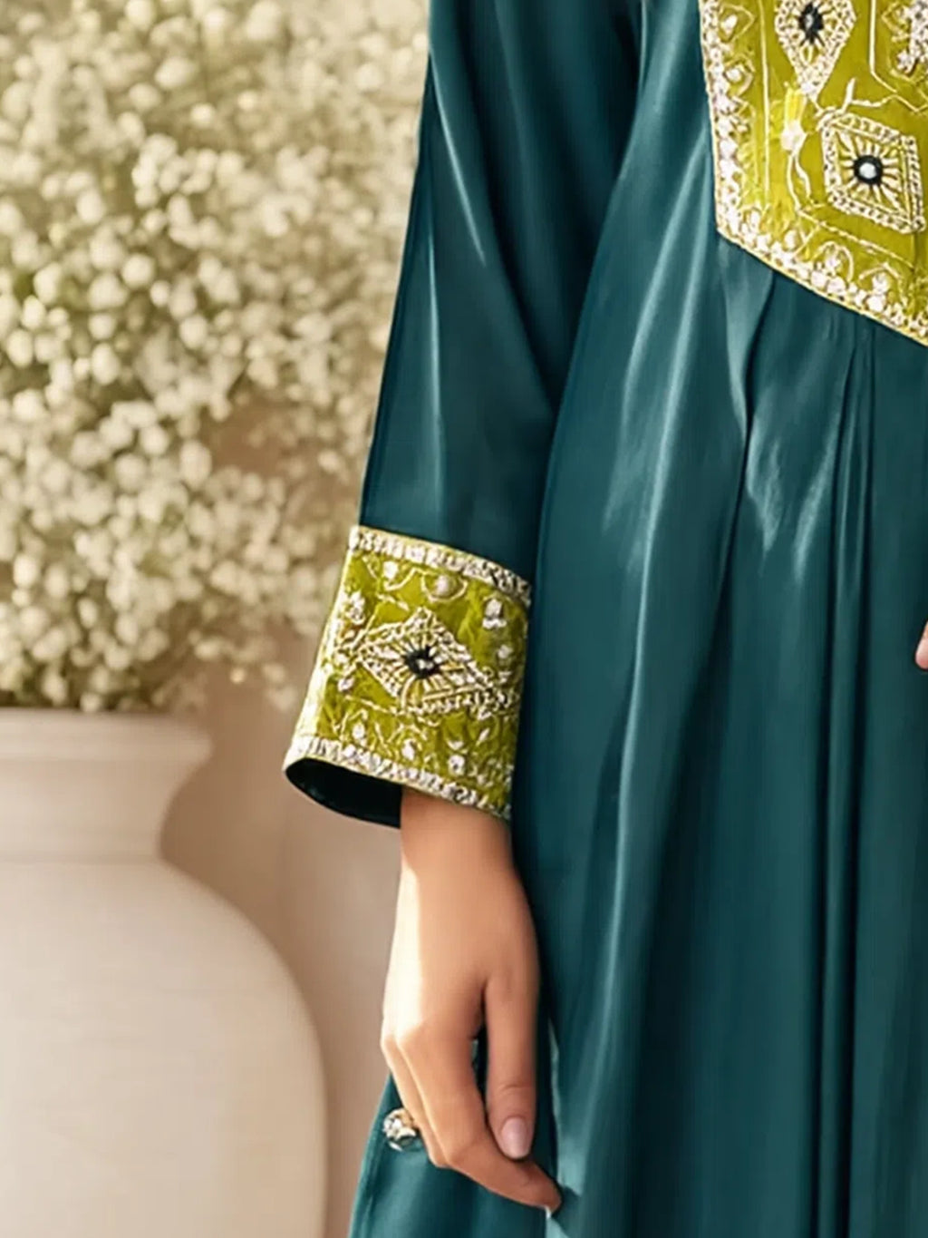 Dark Green Roman Silk Embroidered Flared Kurta Set Dupatta