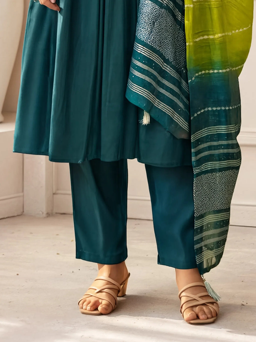 Dark Green Roman Silk Embroidered Flared Kurta Set Dupatta