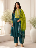 Dark Green Roman Silk Embroidered Flared Kurta Set Dupatta