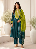 Dark Green Roman Silk Embroidered Flared Kurta Set Dupatta