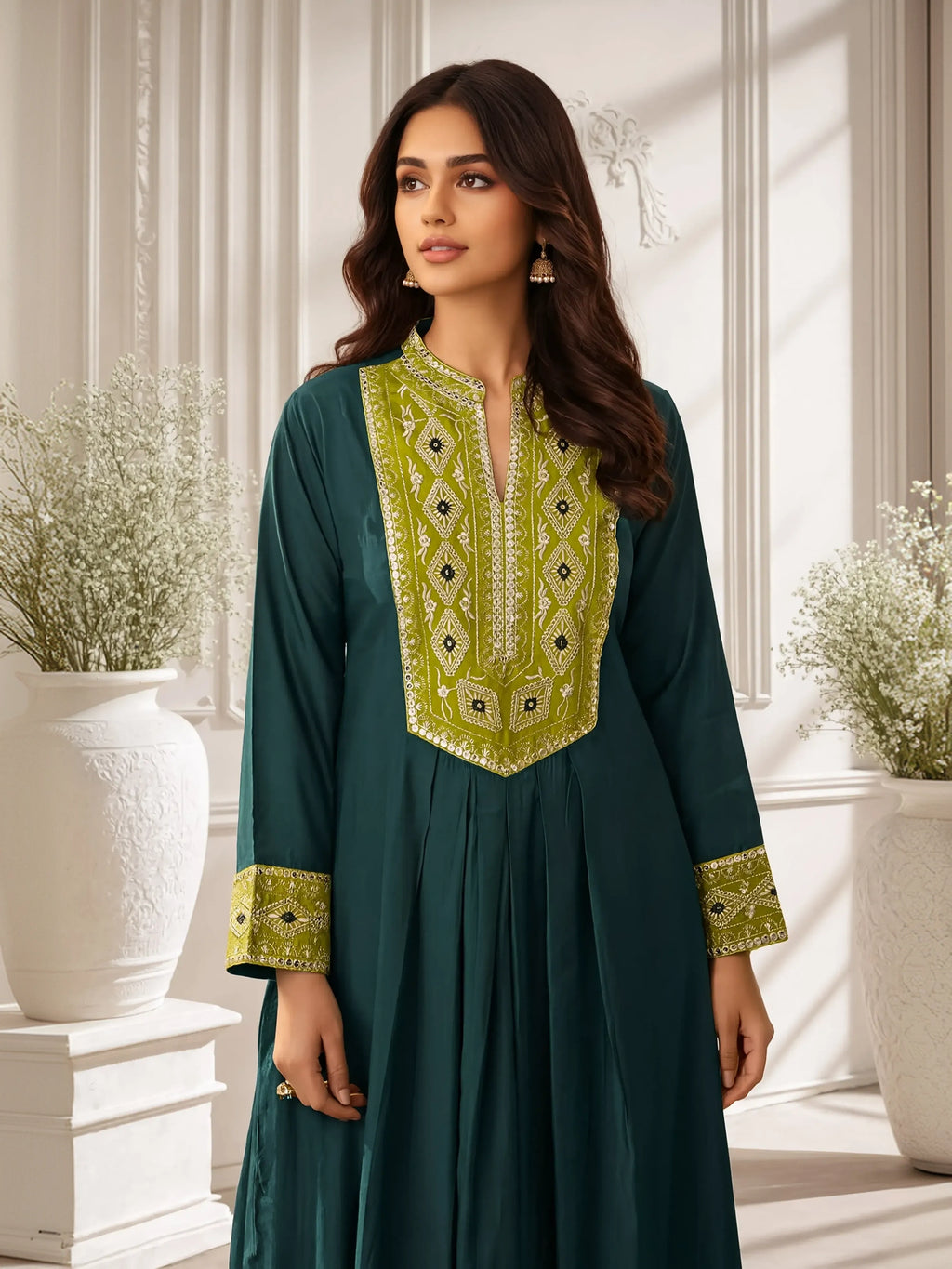 Dark Green Roman Silk Embroidered Flared Kurta Set Dupatta