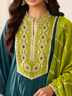 Dark Green Roman Silk Embroidered Flared Kurta Set Dupatta