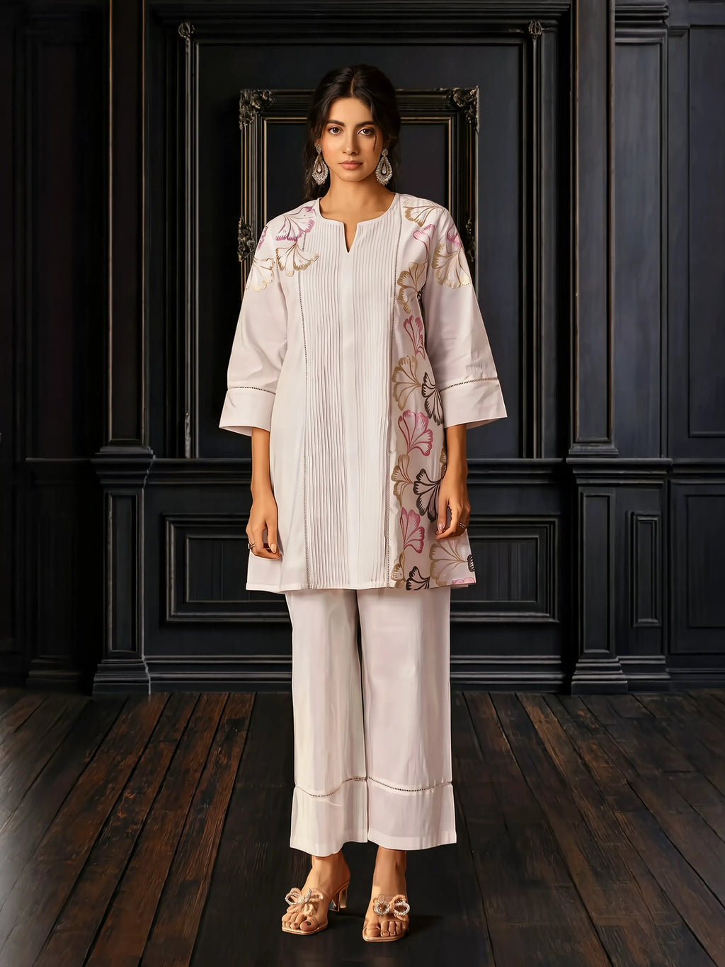 Off White Pure Cotton Embroidered Co-Ord