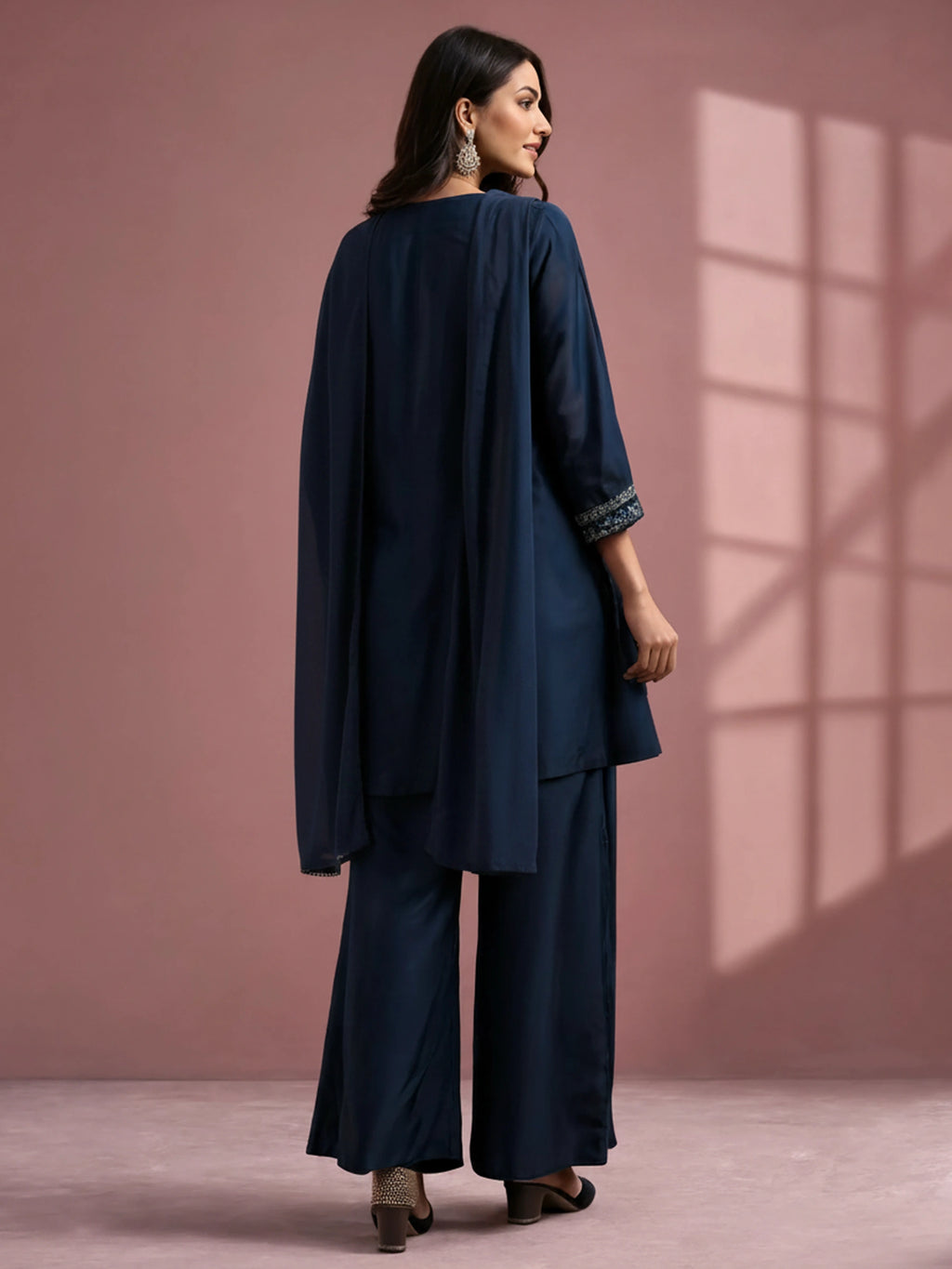 Navy Blue Silk Blend Embroidered and Mirrorworka Straight Kurta Set with Choker Net Dupatta