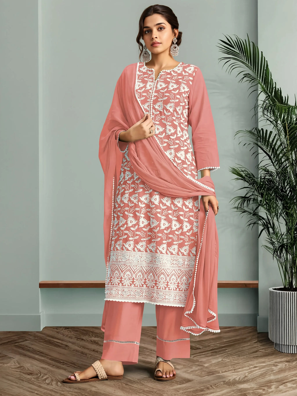 Peach Pure Cotton Schiffli Embroidered Straight Kurta Set with Cotton Pants, Inner & Najmin Chiffon Dupatta