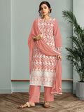 Peach Pure Cotton Schiffli Embroidered Straight Kurta Set with Cotton Pants, Inner & Najmin Chiffon Dupatta