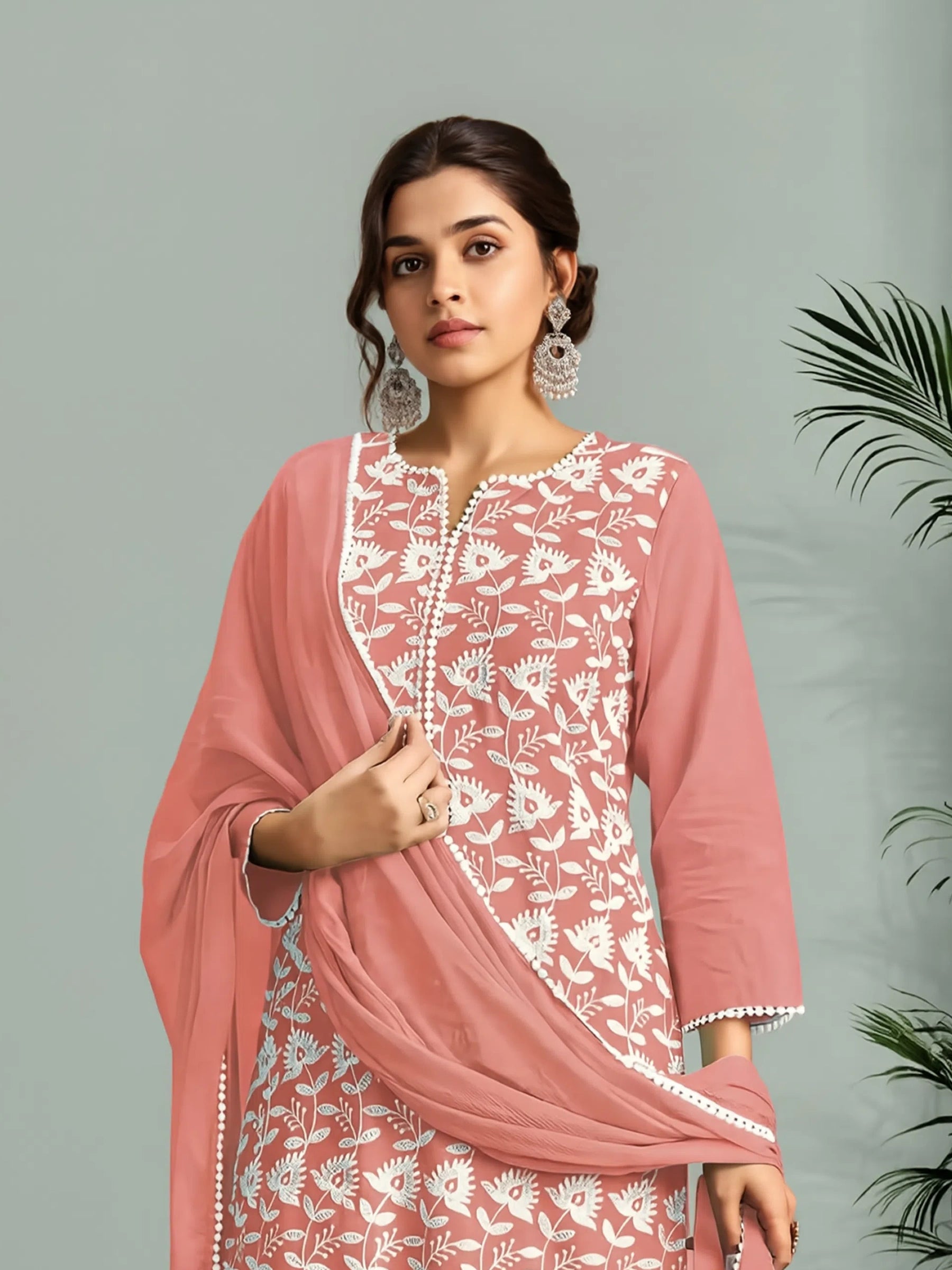 Peach Pure Cotton Schiffli Embroidered Straight Kurta Set with Cotton Pants, Inner & Najmin Chiffon Dupatta