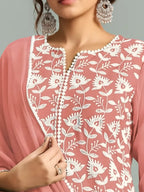 Peach Pure Cotton Schiffli Embroidered Straight Kurta Set with Cotton Pants, Inner & Najmin Chiffon Dupatta