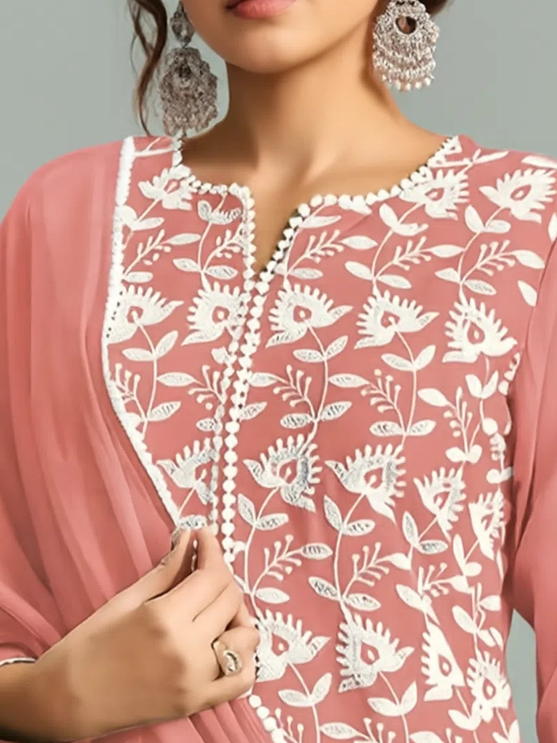 Peach Pure Cotton Schiffli Embroidered Straight Kurta Set with Cotton Pants, Inner & Najmin Chiffon Dupatta