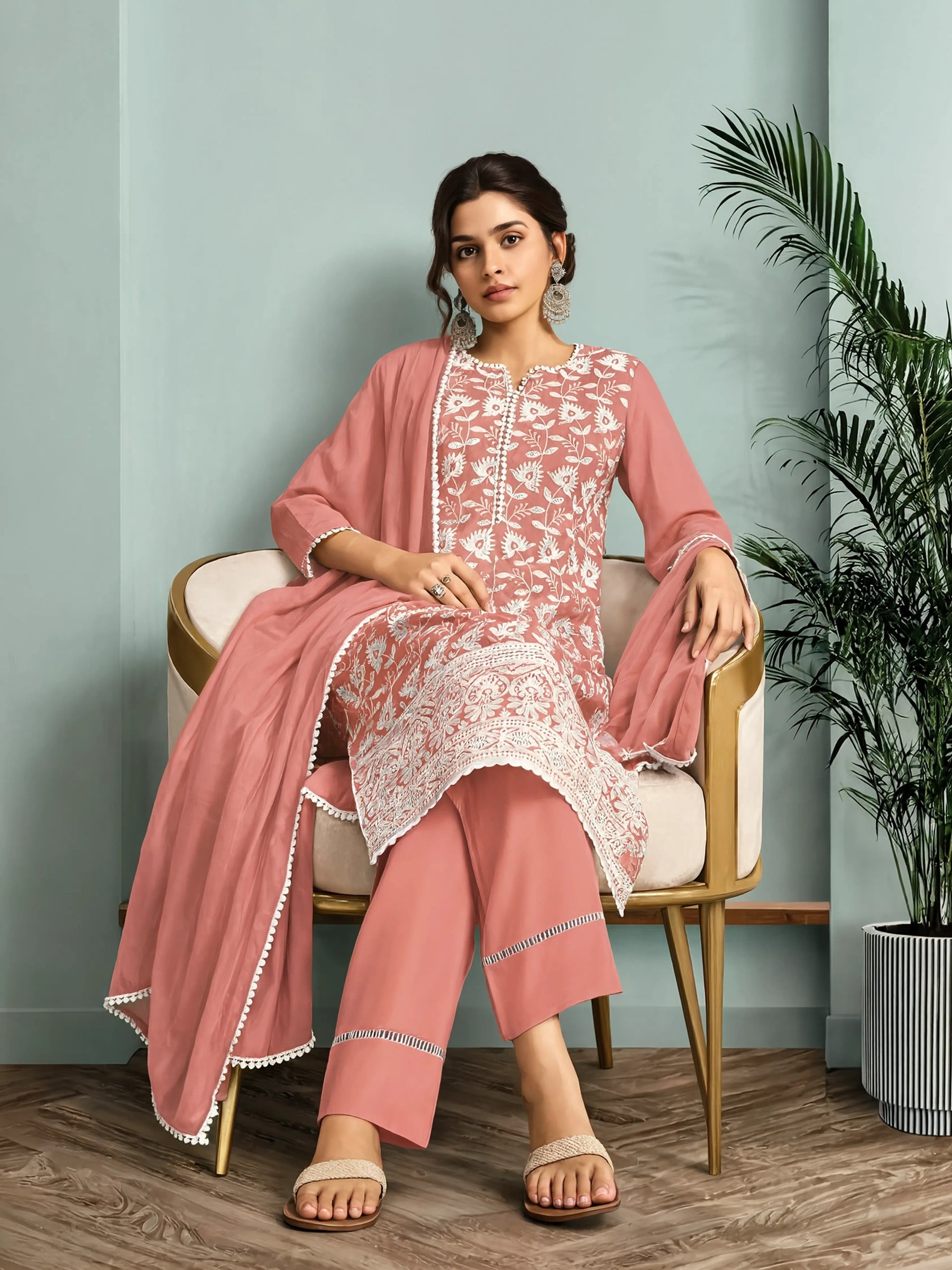 Peach Pure Cotton Schiffli Embroidered Straight Kurta Set with Cotton Pants, Inner & Najmin Chiffon Dupatta
