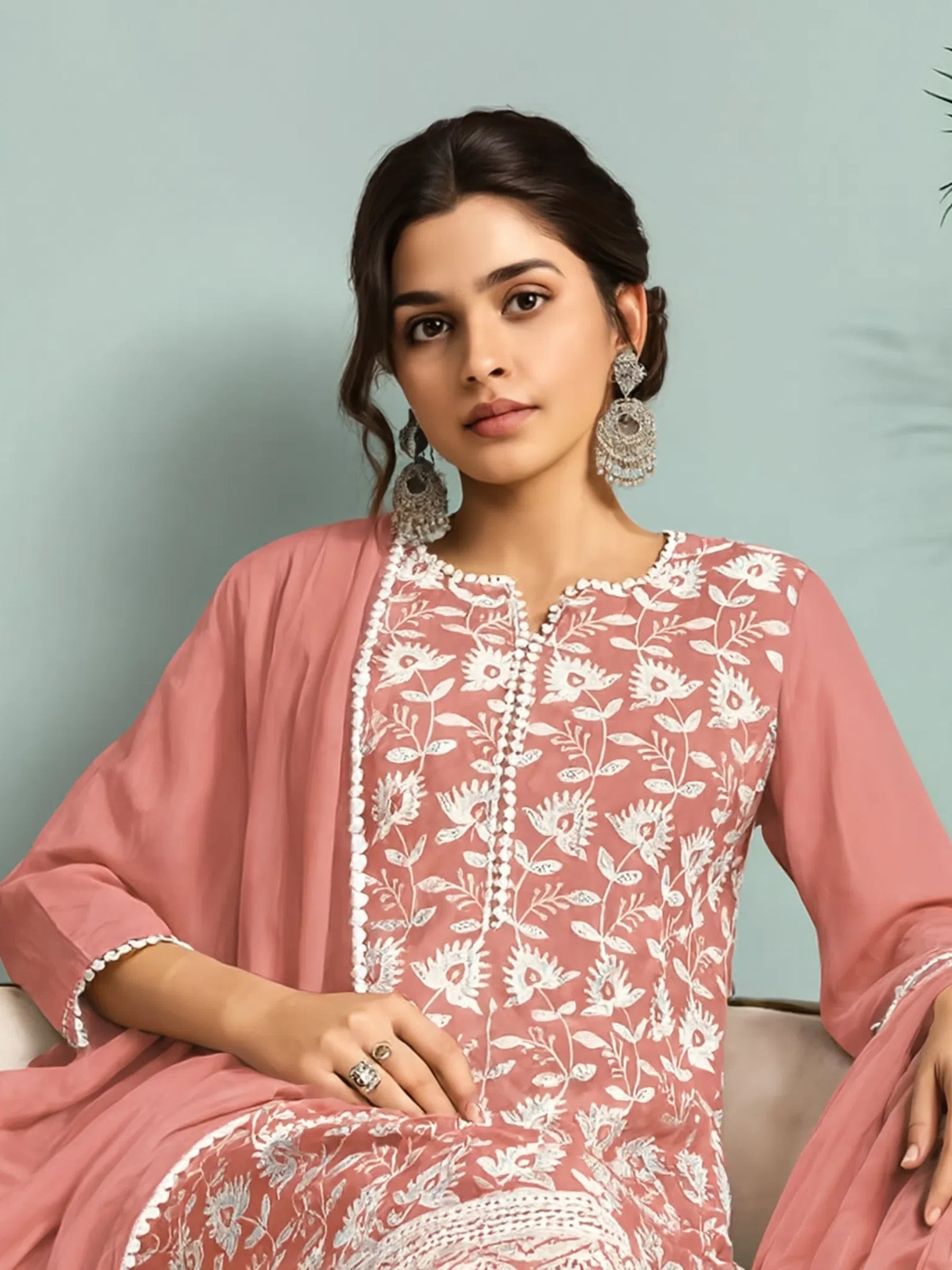 Peach Pure Cotton Schiffli Embroidered Straight Kurta Set with Cotton Pants, Inner & Najmin Chiffon Dupatta