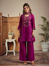 Purple Silk Blend Embroidered Straight Kurta Set with Mirrorwork Choker Net Dupatta