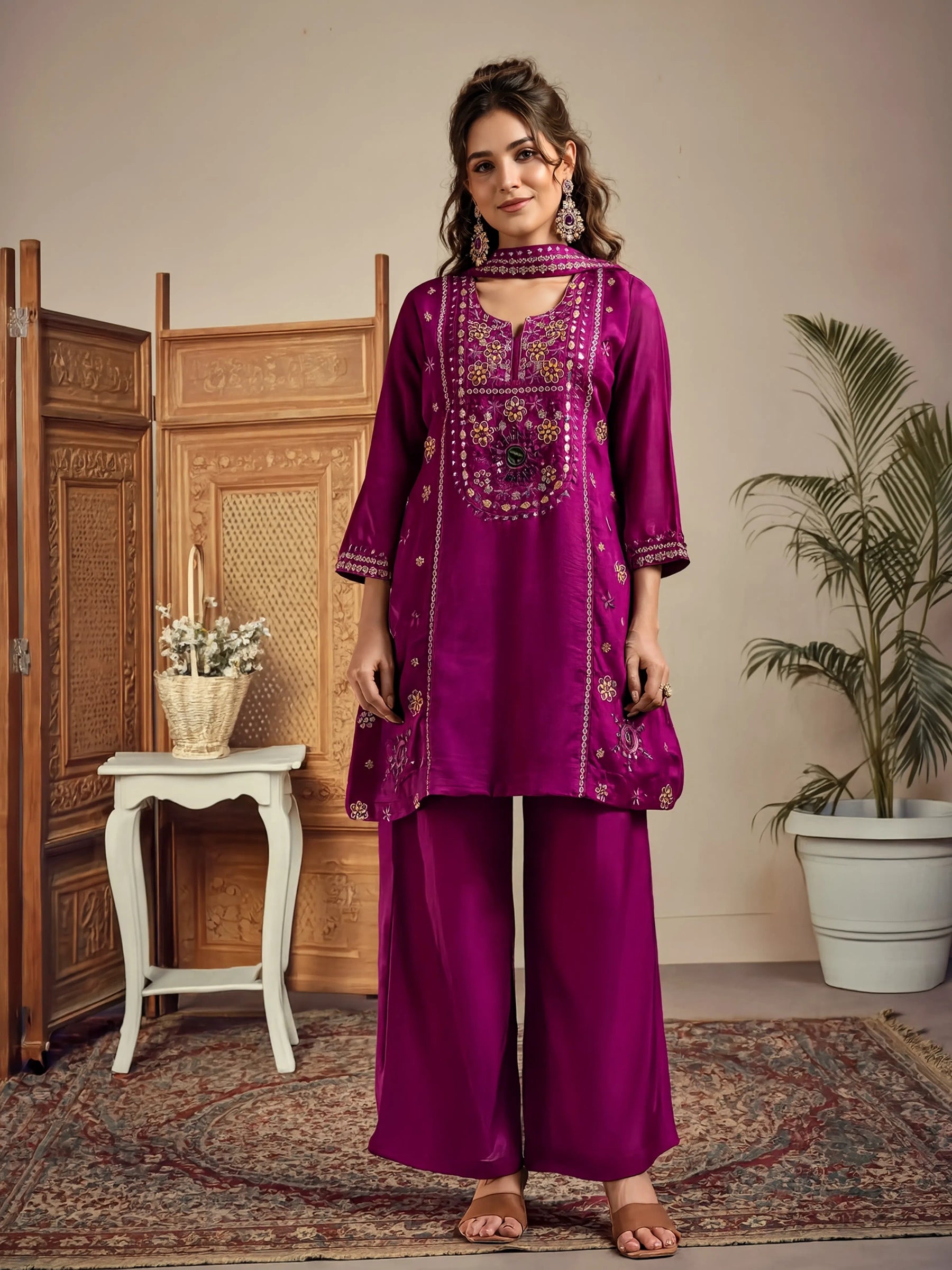 Purple Silk Blend Embroidered Straight Kurta Set with Mirrorwork Choker Net Dupatta