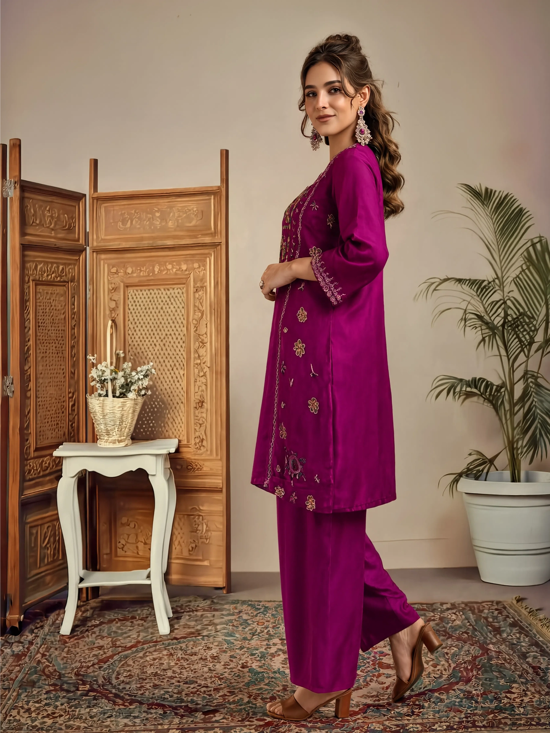 Purple Silk Blend Embroidered Straight Kurta Set with Mirrorwork Choker Net Dupatta