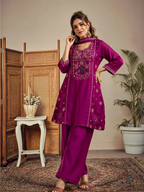 Purple Silk Blend Embroidered Straight Kurta Set with Mirrorwork Choker Net Dupatta