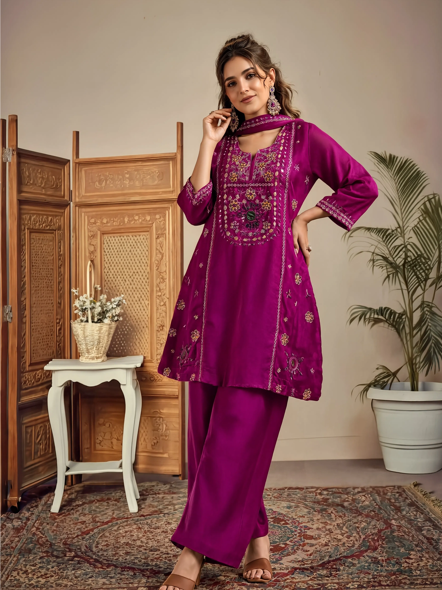 Purple Silk Blend Embroidered Straight Kurta Set with Mirrorwork Choker Net Dupatta