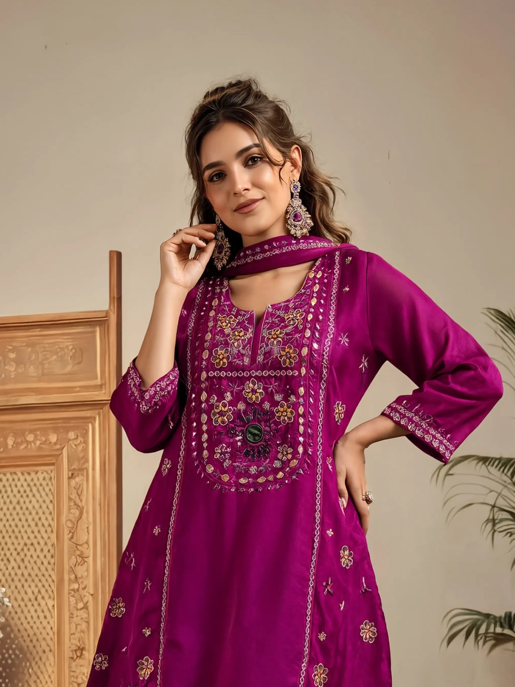 Purple Silk Blend Embroidered Straight Kurta Set with Mirrorwork Choker Net Dupatta
