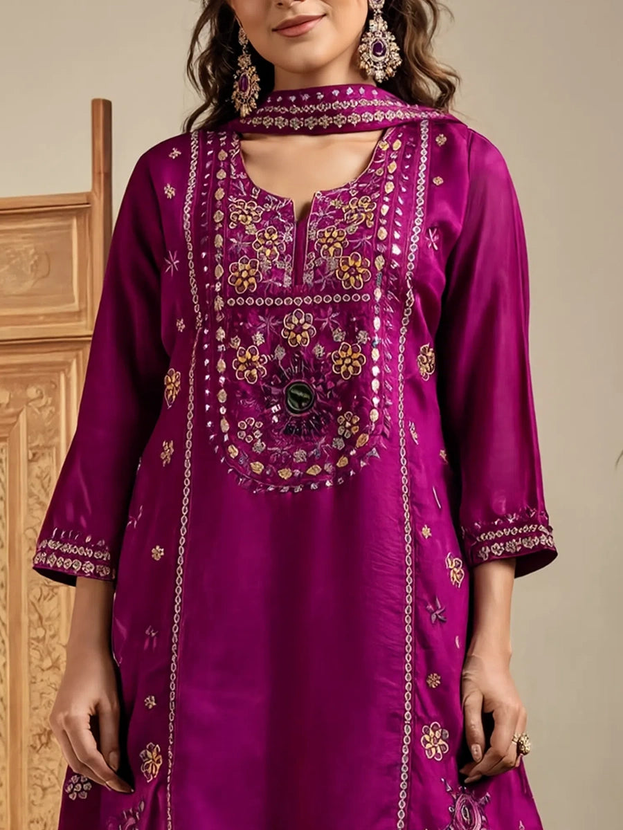 Purple Silk Blend Embroidered Straight Kurta Set with Mirrorwork Choker Net Dupatta
