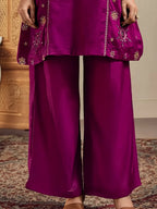 Purple Silk Blend Embroidered Straight Kurta Set with Mirrorwork Choker Net Dupatta