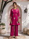Women's Dark Pink Embroidered Roman Silk CoOrd