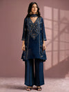 Navy Blue Silk Blend Embroidered and Mirrorworka Straight Kurta Set with Choker Net Dupatta