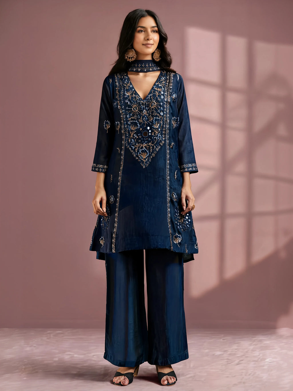 Navy Blue Silk Blend Embroidered and Mirrorworka Straight Kurta Set with Choker Net Dupatta