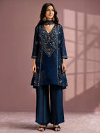 Navy Blue Silk Blend Embroidered and Mirrorworka Straight Kurta Set with Choker Net Dupatta