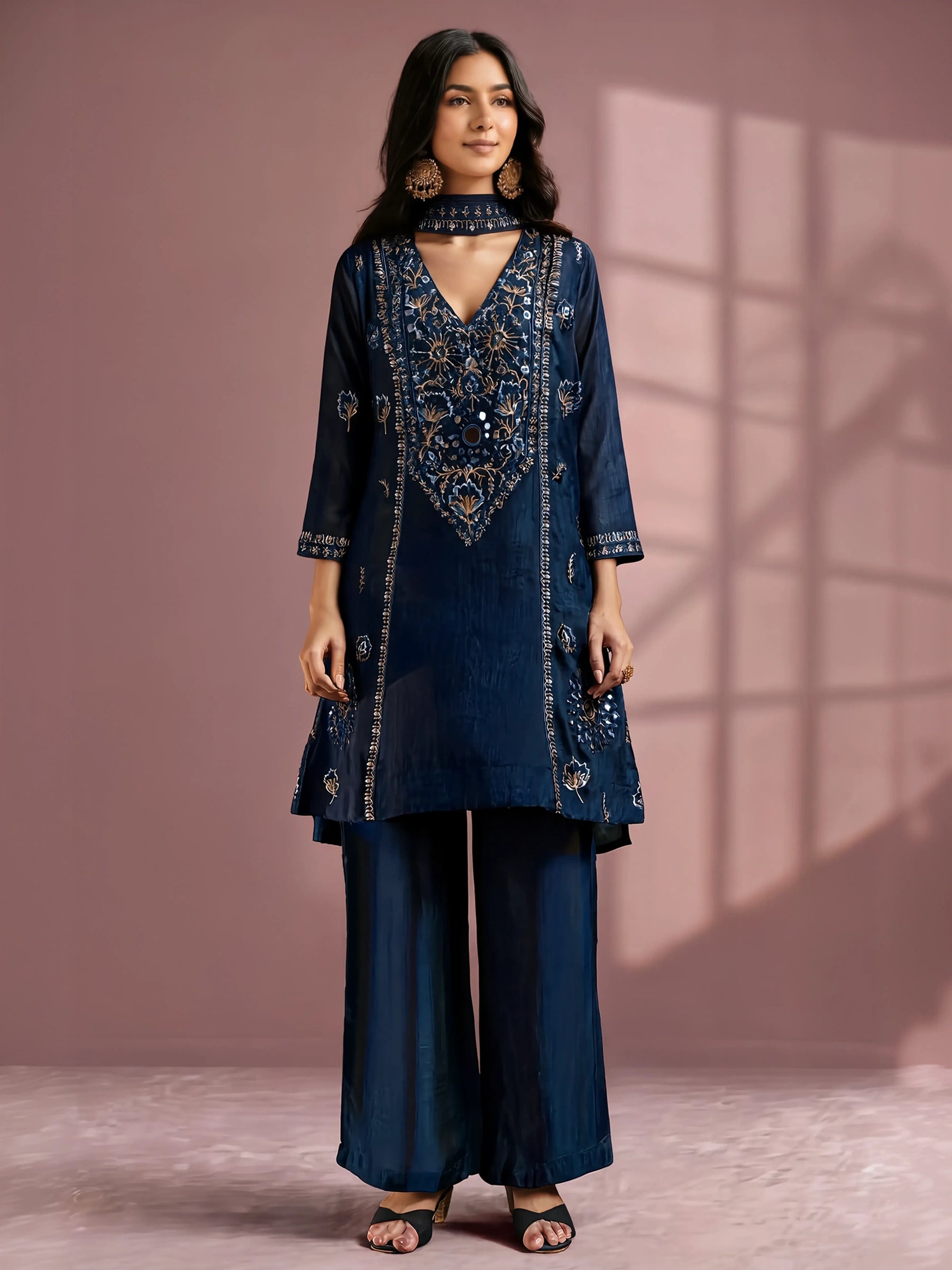 Navy Blue Silk Blend Embroidered and Mirrorworka Straight Kurta Set with Choker Net Dupatta