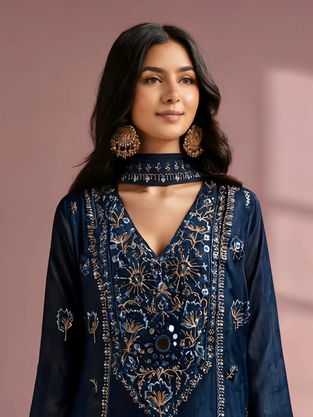 Navy Blue Silk Blend Embroidered and Mirrorworka Straight Kurta Set with Choker Net Dupatta