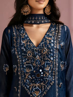 Navy Blue Silk Blend Embroidered and Mirrorworka Straight Kurta Set with Choker Net Dupatta