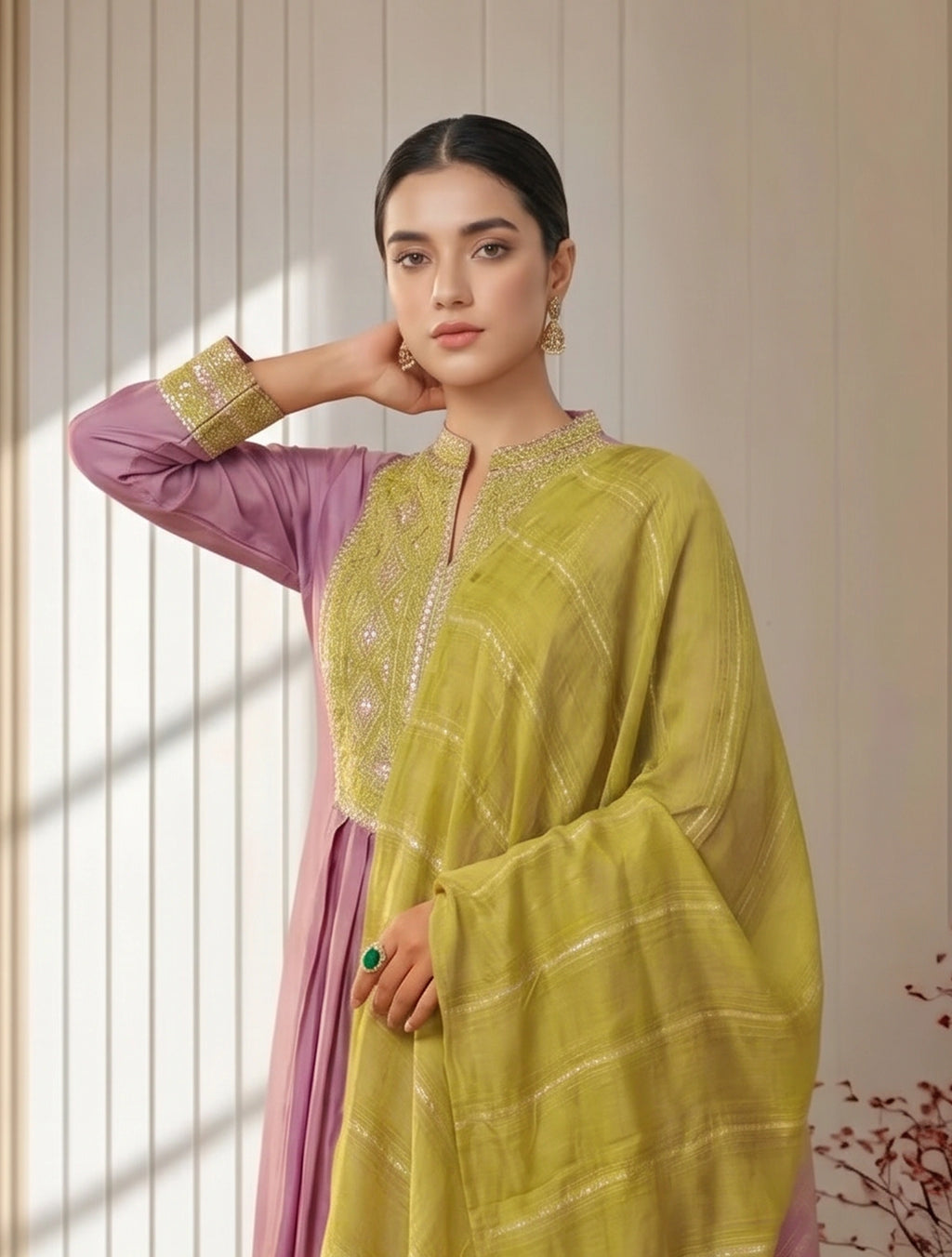 Light Pink Roman Silk Embroidered Flared Kurta Set Dupatta