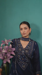 Navy Blue Silk Blend Embroidered and Mirrorworka Straight Kurta Set with Choker Net Dupatta