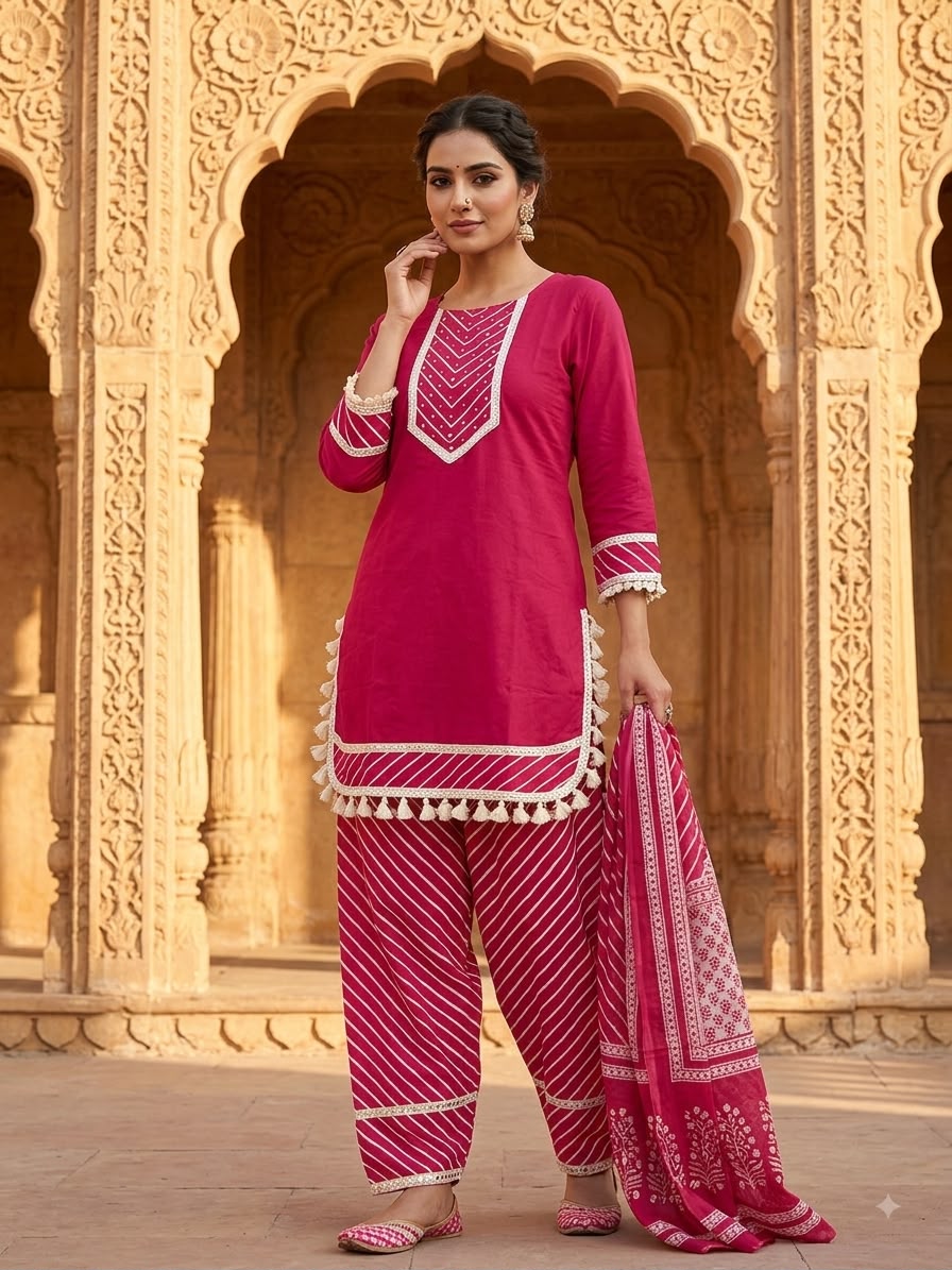 ELEGANT MAGENTA PINK 3 PIECE KURTA PANT AND DUPATTA